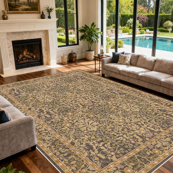 Area Rug for Living Room, 10x12 Large Washable Rugs for Dining Room, Bedroom, Non Slip Stain Resistant Carpet, Low Pile Vintage Floral Rug (Goldenrod)