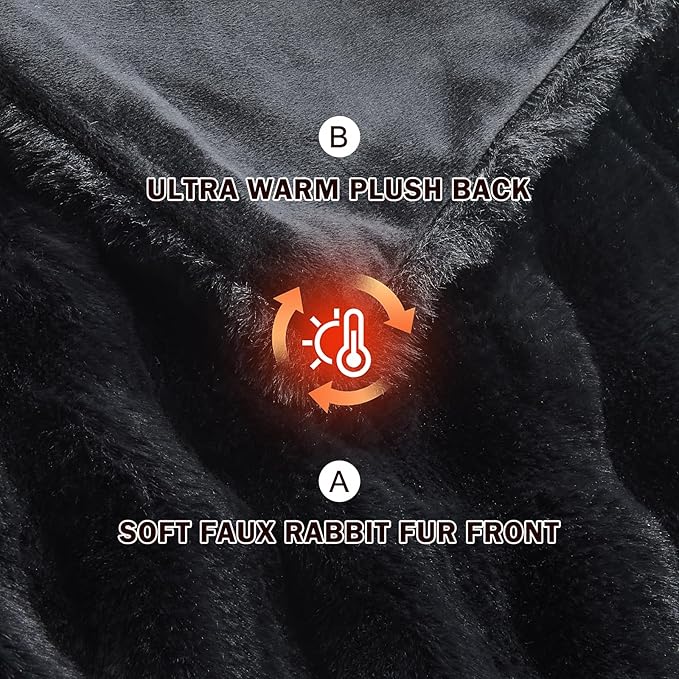 EMME Faux Fur Blanket Twin Size Black - Big Bubble Rabbit Cozy Blanket for Couch, Thick Furry Plush Shaggy Blankets, 650GSM, 60x80 Inches