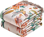 Boho Throw Blanket - 50"x60" 100% Cotton Ultra Soft Lightweight Spring Blanket, 4-Layer Breathable Muslin Blankets for Bed Couch, Reversible Blue Floral Bird Printed Bohemian Cotton Quilt