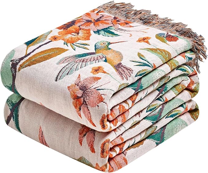 Boho Throw Blanket - 50"x60" 100% Cotton Ultra Soft Lightweight Spring Blanket, 4-Layer Breathable Muslin Blankets for Bed Couch, Reversible Blue Floral Bird Printed Bohemian Cotton Quilt