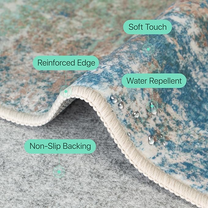 GENIMO Washable Rugs 9x12 Area Rugs for Living Room Bedroom, Modern Lightweight Rug Ultra Soft Indoor Area Rugs 9x12 for Dining Room, Low Pile Carpet with Non Slip Backing, Blue Green