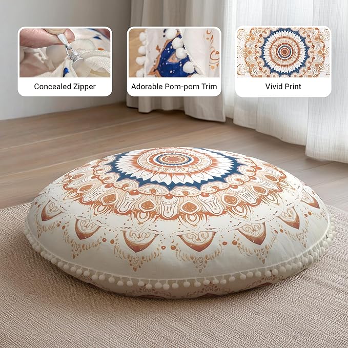 Meditation Cushion 32 Inch Round, Extra Thick Memory Foam Floor Pillow with Removable Washable Cover, Bohemian Mandala Yoga Cushion for Adults - Ideal Gift & Holiday Decor, Brown