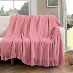 Vonty Dusty Pink Knitted Blanket with Tassels Fringe 50" x 60", Super Soft Knit Throw Blanket, Farmhouse Decorative Lightweight Blanket for Couch, Sofa, Bed