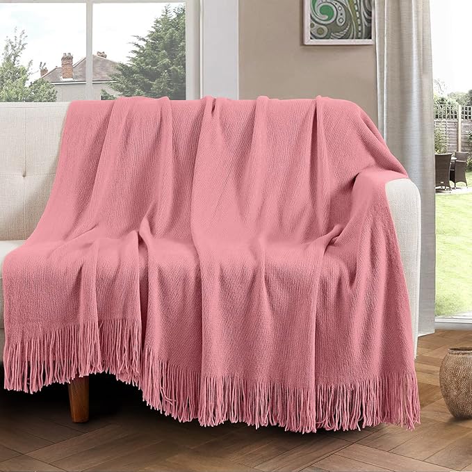 Vonty Dusty Pink Knitted Blanket with Tassels Fringe 50" x 60", Super Soft Knit Throw Blanket, Farmhouse Decorative Lightweight Blanket for Couch, Sofa, Bed