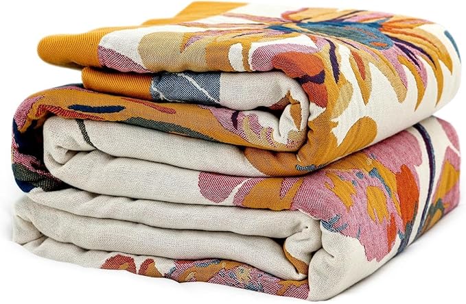 Boho Throw Blanket for Bed 100% Cotton Soft Lightweight Quilt Floral Butterfly Embroidery Home Decor Spring Bed Blankets,98"x98" All Season Reversible Blankets for Sofa Couch Chair
