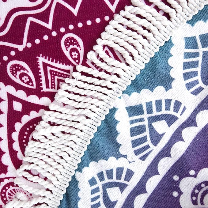 Oversize Round Mandala Beach Towel Blanket, Circle Microfiber Bohemian Boho Quick Dry Super Water Absorbent Towel, Hippy Gypsy Yoga Mat Picnic Table Mediation Throw Tapestry with Tassel Ultra ,59”