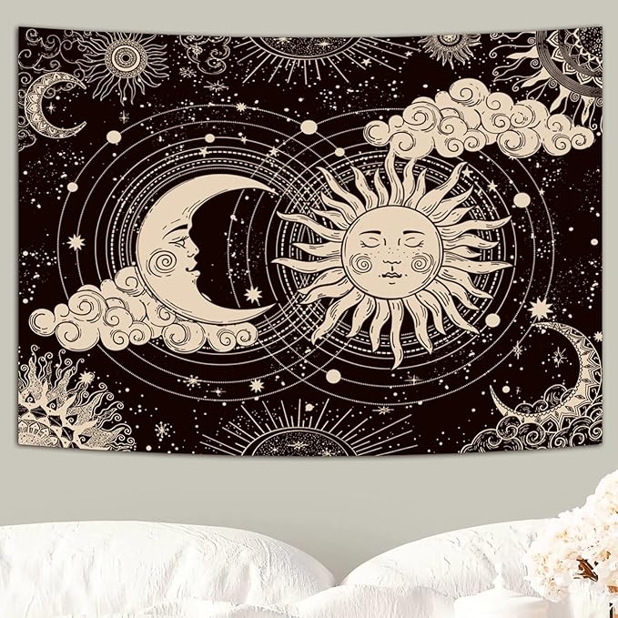 Wonrizon Sun and Moon Tapestry, Aesthetic Black Dark Spiritual Tapestries Mystic Burning Sun with Clouds Star Wall Hanging decor for Bedroom (30"x40")