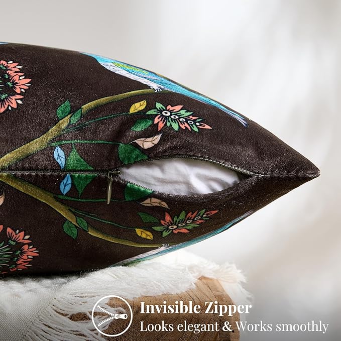 MUSSEL Brown Velvet Throw Pillow Covers 20x20 Pack of 2, Vintage Floral Pillow Covers, Mid Century Flower Plant Cushion Covers for Sofa Living Room Home Decor