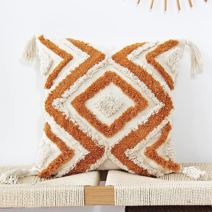 JOJUSIS Boho Throw Pillow Covers with Handmade Tassels Decorative Woven Tufted Orange Pillowcase for Couch Bedroom 20 x 20 Inch Orange B