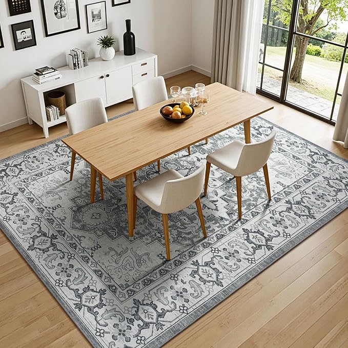 Lessymo 5x7 Area Rug for Living Room - Machine Washable Area Rugs, Super Soft Faux-Wool Area Rugs for Bedroom Kitchen, Boho Rug Vintage Floral Non-Slip Low Pile, Grey White