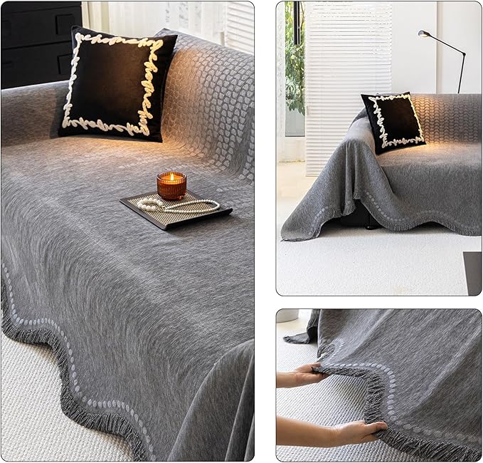 ROOMLIFE Gray Couch Cover Boho Sofa Covers for 3 Cushion Couch Washable, Furniture Protector Sofa Couch Cover for Dogs, Soft Chenille Sofa Slipcover, Couch Throw Blankets with Tassels 71 '' X 118''