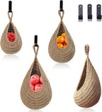 Hanging Fruit Basket Set of 3, Boho Wall Hanging Storage Jute Basket for Organizing & Decor, Handmade Teardrop Hammock Holder for Onion Fruit Vegetable in Home & Restaurant Kitchen with Hooks
