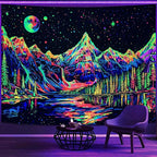 Zussun Blacklight Mountain Forest Tapestry for Bedroom Aesthetic Hippie Pine Tree River Lake Tapestries Wall Hanging Glow in The Dark Moon and Stars Wall Tapestry for Living Room Dorm 60 × 44 Inch