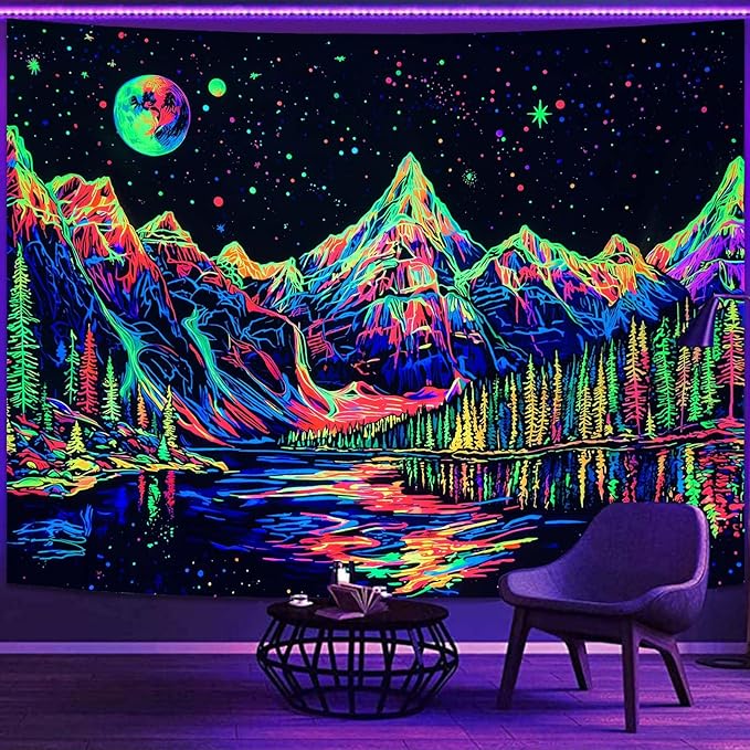 Zussun Blacklight Mountain Forest Tapestry for Bedroom Aesthetic Hippie Pine Tree River Lake Tapestries Wall Hanging Glow in The Dark Moon and Stars Wall Tapestry for Living Room Dorm 48 × 36 Inch