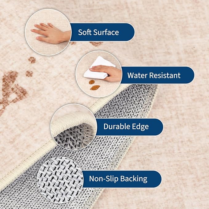 GarveeHome Washable Area Rugs 8x10 Bow Neutral Beige Rug Non Slip Living Room Rug Soft Rugs for Bedroom Low Pile Stain Resistant Carpet for Nursery Dining Room Playroom, Beige
