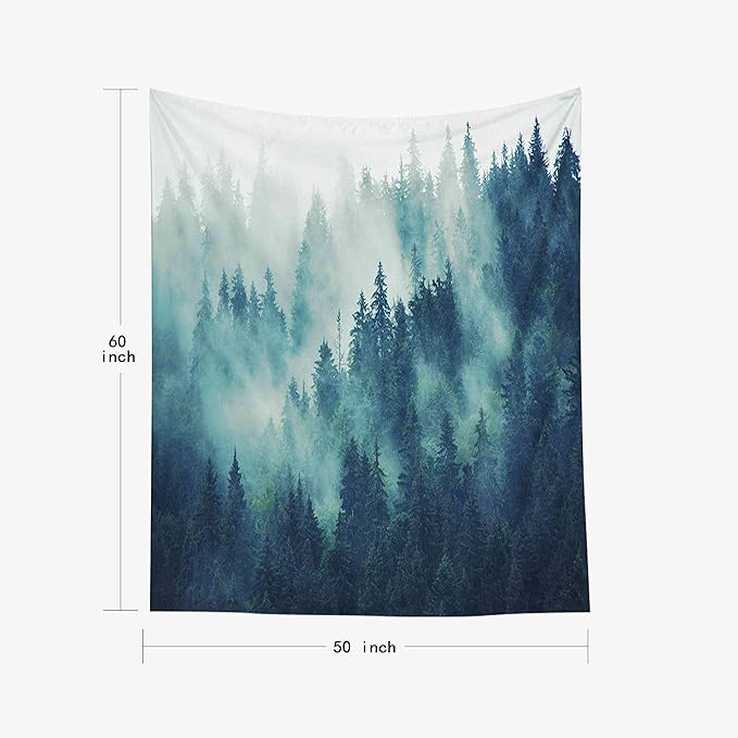 EMMTEEY Misty Forest Tapestry Nature Scenic Mountain Tapestry Green Tree Landscape Foggy Fir Pine Forest 50X60 Inches Tapestries for Living Room Bedroom Inhouse