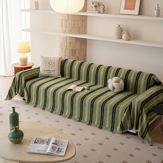 VClife Chenille Sofa Cover Bohemian Striped Pattern Couch Cover for 2 Cushion Sofa - Sage Green Black Textured Sofa Slipcover Washable Furniture Protector for Couch Decorative Couch Cushion Cover