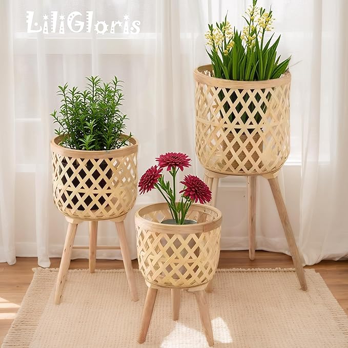 Boho rattan plant stand set of 2/3 – handwoven tall elevated wicker plant baskets for indoor plants, mid-century modern wooden planter holder with tripod legs,no-tool assembly，apartment gardening， farmhouse home decor, ideal gift for houseplant lovers
