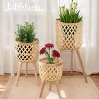 Boho rattan plant stand set of 2/3 – handwoven tall elevated wicker plant baskets for indoor plants, mid-century modern wooden planter holder with tripod legs,no-tool assembly，apartment gardening， farmhouse home decor, ideal gift for houseplant lovers
