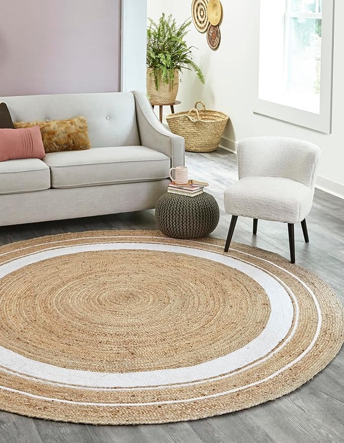 Unique Loom Braided Jute Collection Classic Quality Made Natural Hand Woven with Coastal Design Area Rug (8' 0 x 8' 0 Round, Natural/ Ivory)