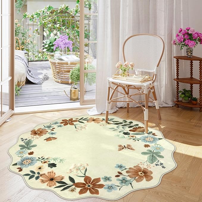 Lahome Floral Washable Round Rugs, Non-Slip Soft Round Rug 4ft Ultra-Thin, Small Boho Circle Carpet for Entryway Kitchen Bedroom Nursery Bathroom Flore, Beige