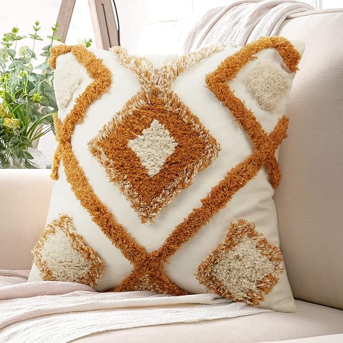 Merrycolor Boho Throw Pillow Covers 18x18 Orange Woven Tufted Decorative Pillow Covers Modern Accent Bohemian Square Pillow Cases for Couch Sofa Bedroom Living Room (No Pillow Insert,1Pcs)