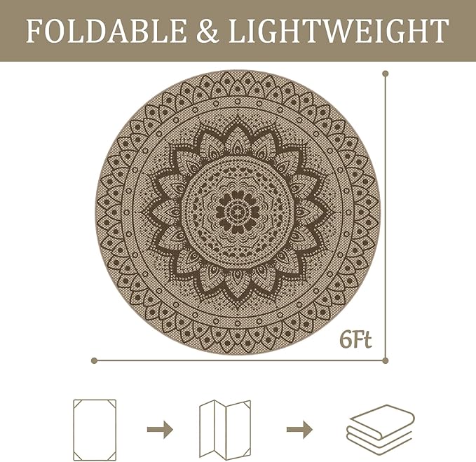 Outdoor Round Rug 6ft, Easy Jute Rug Washable Indoor Outdoor Patio Rug, Non Slip Round Area Rug Farmhouse Front Door Mat,Boho Lightweight Carpet for Backyard Patio Entry (Brown, 6 Ft)