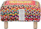 COTTON CRAFT Multi Chindi Footrest - Braided Cotton Rag Rug Foot Stool Ottoman with Sturdy Wood Legs – Handmade Boho Leg Rest - Small Spaces Under Desk Living Room Entryway Low Footstool - 16.5x12x9.5