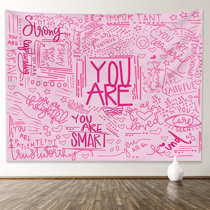 KJHL Quote You Are Wall Tapestry Pink Inspirational Classroom Kids Tapestries Wall Hanging Motivational Positive Affirmations Saying Aesthetic Tapestry for Bedroom Dorm