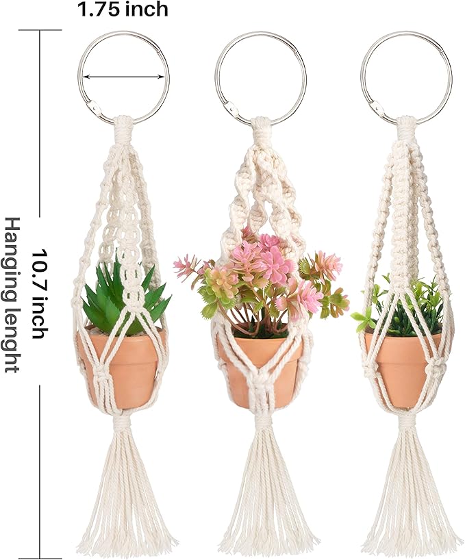 Macrame Plant Hangers, 3 Pcs Plant Hangers with Artificial Succulent Plants, Interior Car Accessories for Women, Rear View Mirror Accessories by MoHern