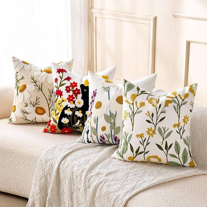 Embroidered Floral Throw Pillow Covers Summer Decorative Couch Pillow Covers Farmhouse Green Floral Tufted Pillow Covers 20x20 Square Cushion Cases Set of 2 for Living Room Couch Sofa Bed Home Decor