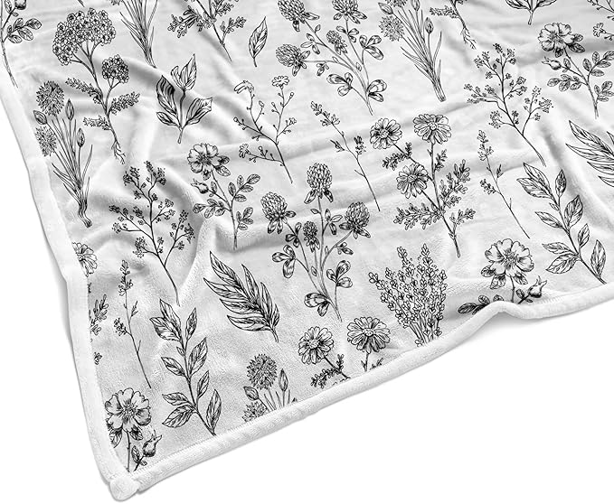 Floral Fuzzy Blanket Black Floral Throw Blanket, Botanical Flowers Blankets, Soft, Flannel, Warm, Boho Flowers Bed Blankets All Season for Couch Bedroom Living Room 50X70 Inch