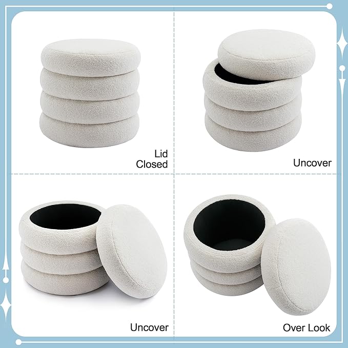 Flouki 19.5" Storage Ottoman Round, Vanity Stool for Bedroom, Entryway Ottoman for Console Table, Foot Stool for Living Room, Bedroom, Sherpa Off-White