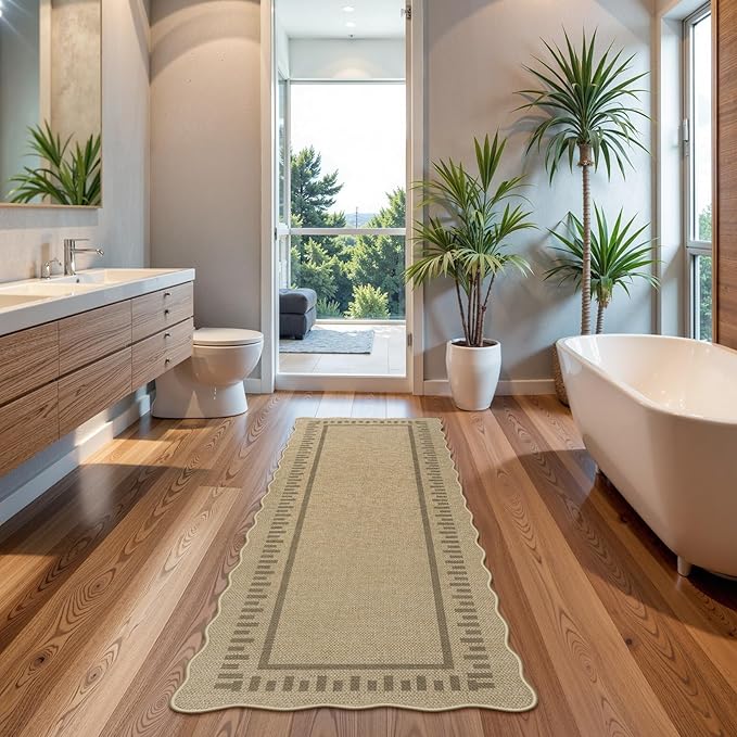 LIVEBOX Scalloped Washable 2x6 Runner Rug, Easy Jute Outdoor Rug Kitchen Tan Rugs for Entryway Hallway, Indoor Non Slip Rugs Farmhouse Geometric Modern Carpet for Laundry Room Bedroom Door Mat Porch