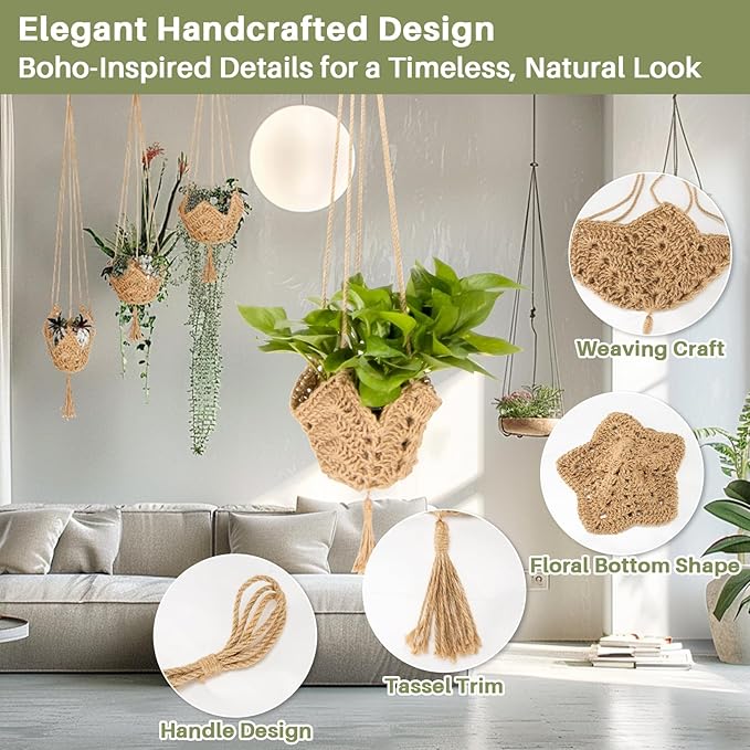 Macrame Plant Hangers Indoor - 2 Packs Hanging Planters for Indoor Plants Boho Plant Hangers Hanging Plant Holder for Boho Home Decor Made of Jute with 2 Hooks