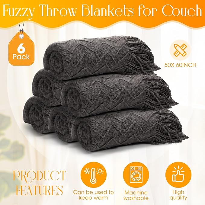 Buryeah 6 Pack Boho Knitted Throw Blankets with Tassels 50x60 Soft Warm Throws Bulk for Wedding Guests Housewarming Employee Teacher Appreciation Gifts Cozy Farmhouse Home Decor (Dark Gray)