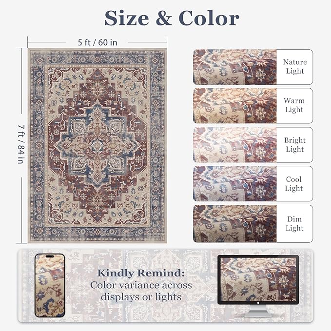 Maroon Blue 5x7 Area Rugs for Living Room, Transitional Distressed Washable Non Slip Bedroom Rug, Modern Vintage Medallion Low Pile Thin Carpet Rugs for Den/Dining Room/Kitchen/Home Office