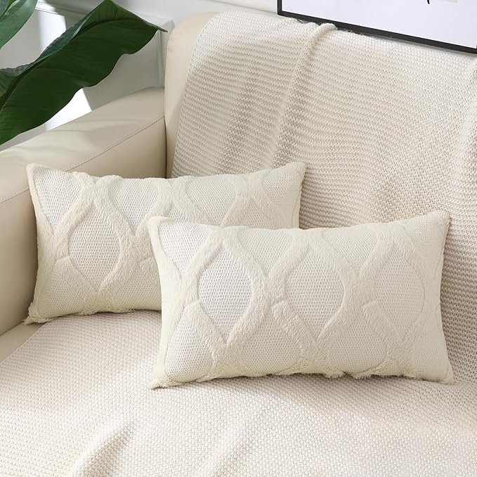 decorUhome Spring Throw Pillow Covers 12x20 Inch Set of 2, Soft Plush Faux Fur Wool Lumbar Beige Accent Couch Pillow Covers for Modern Farmhouse Bed Sofa Living Room