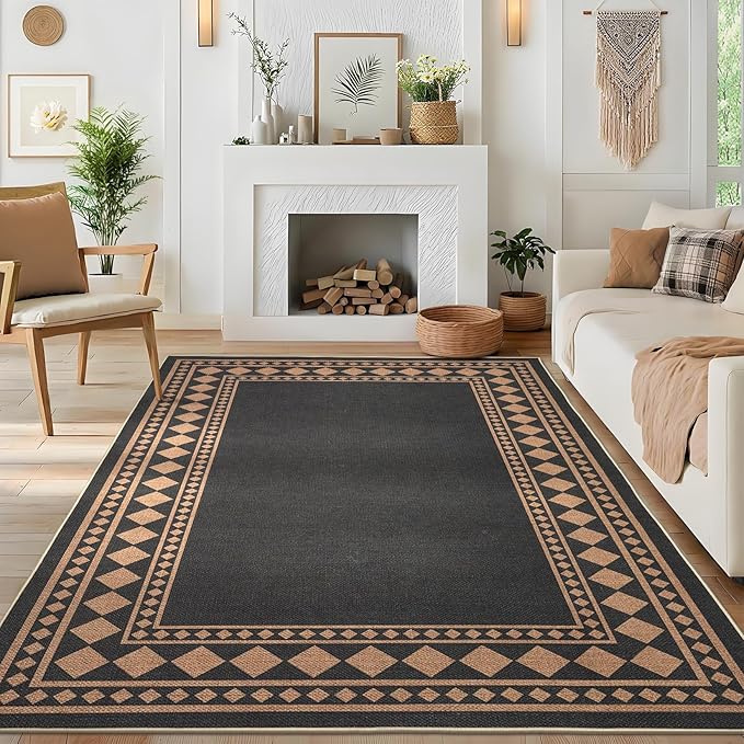 GarveeHome Solid Rugs Washable 8x10 Area Rug for Living Room Durable Easy Jute Rug with Non-Slip Backing, Non-Shedding Indoor Outdoor Carpet for Farmhouse Bedroom, Dining Room, Patio, Black Brown