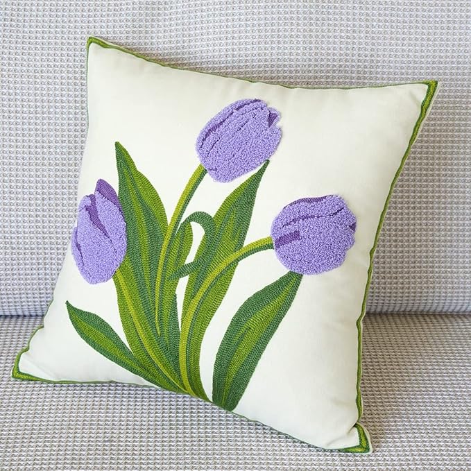vctops Farmhouse Tulip Cotton Tufted Throw Pillow Cover Spring Floral Embroidery Pillowcase Soft Square Cushion Case for Sofa Couch Bed Chair (Purple,18"x18")