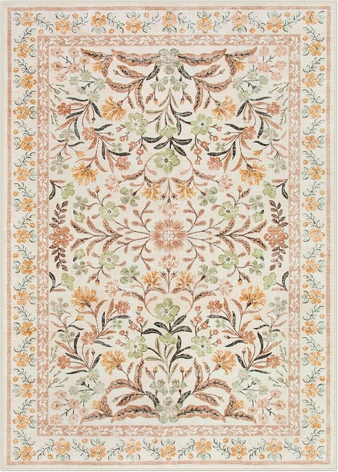 Lahome Sylvie Fall Boho Washable Area Rugs 5x7 for Bedroom, Bohemian Brown Rugs for Living Room, Soft Floral Thin Carpet for Kids Room Apartment Dorm Home Decor, Ochre Fall