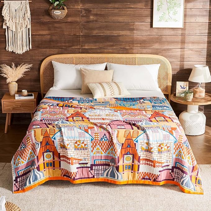 Boho Throw Blanket 100% Cotton Muslin Woven Blanket Bohemian Bed Throws Vintage Rustic Farmhouse Decor Reversible Bed Blanket Quilt for All Seasons（Pink 60"x80"）