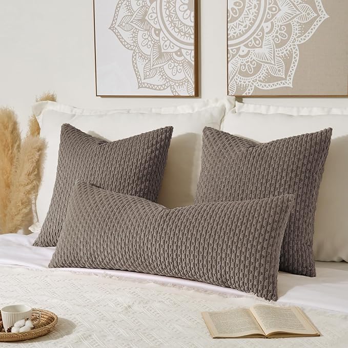 Kevin Textile 14x36 Inch Long Lumbar 1 Pack Boho Decorative Throw Pillow Cover Soft Striped Corduroy Rectangle Cushion Case Farmhouse Solid Color Accent for Living Room Couch Sofa Bed, Light Brown