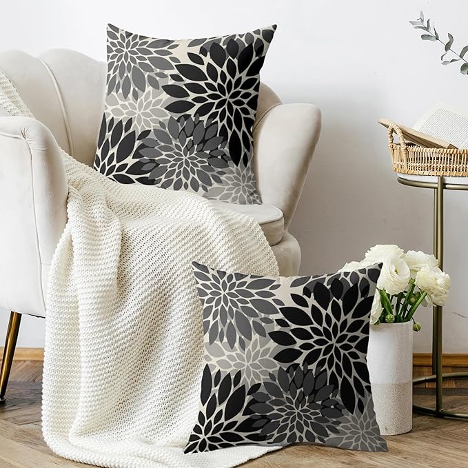 Black Grey Gray Pillow Covers 18X18 Inch Set of 2, Dahlia Flower Spring Summer Floral Cream Decorative Throw Pillow Covers Outdoor Modern Farmhouse Cushion Case for Home Couch Sofa Bed Decor