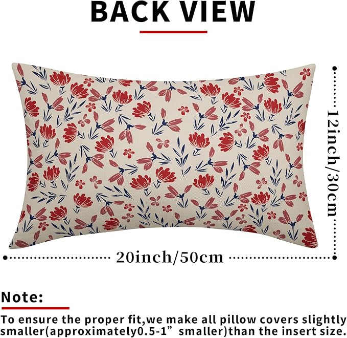 4th of July Floral Pillow Covers 12x20 Set of 2 Rustic Old Style Navy Blue Red Flower Print Rectangle Decorative Outdoor Pillowcases Patriotic Farmhouse Throw Cushion Case Decor for Couch Sofa Bed