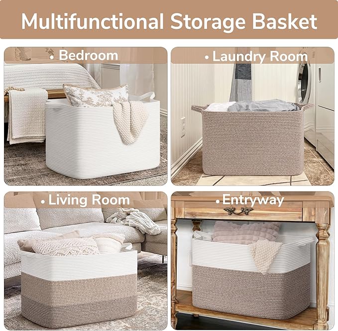 Goodpick 105L Extra Large Blanket Basket 25" x 16" x 16" Cotton Rope Storage Bins for Dirty Clothes, Rectangle Woven Baskets for Living Room Home Decor, Toy Baskets Storage Kids, White