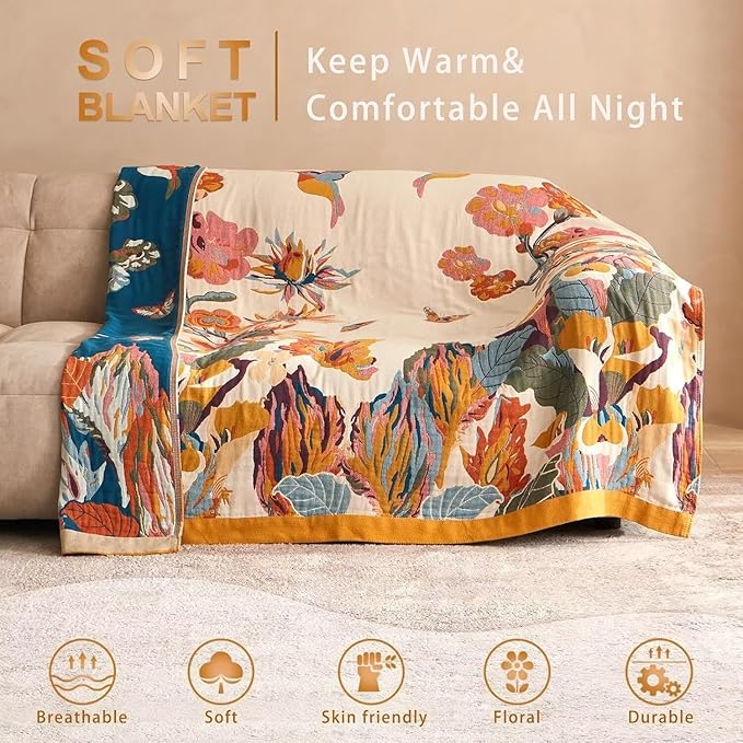 Boho Throw Blanket - 100% Cotton Soft Throw Blanket for Bed, 90"x90" Reversible Breathable Lightweight Spring Blankets, All Seasons Farmhouse Decor Floral Plant Butterfly Throw Quilt