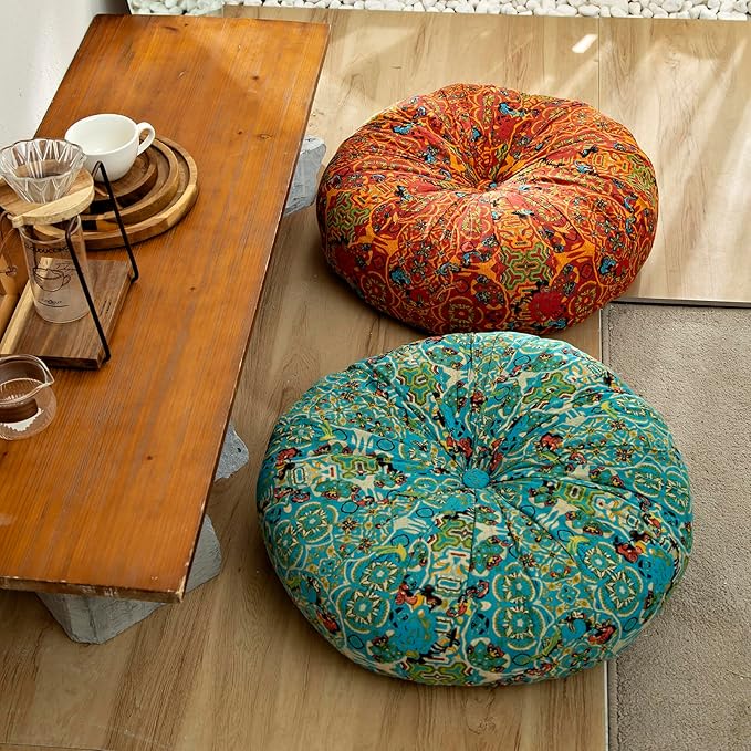Moroccan Printed Round Chair Pads Cotton Linen Soft Comfort Chair Cushion Colorful Pompom Seat Cushions for Indoor Dining Room and Kitchen Chairs (Blue,22x22 Inch)