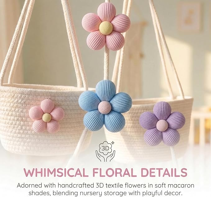 3 Tier Cotton Rope Hanging Wall Basket, Cute Flower Decor Wall Mounted Storage Organizer for Nursery, Bathroom, Kitchen, Kids Room, Boho Woven Hanging Shelf with 2 Hooks