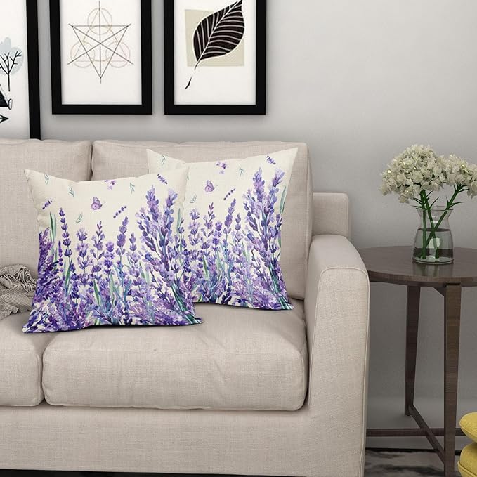 Kawani Spring Summer Floral Pillow Covers 16X16 Inch Purple Lavender Butterfly Flowers Decorative Pillow Cases Set of 2 Seasonal Holiday Throw Pillows Farmhouse Home Decor for Sofa Couch Cushion